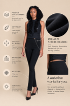 A woman modeling black trousers on a beige background with feature call-outs and fabric close-ups. Text highlights premium stretch fabric, soft touch, breathability, no pilling, and sun block properties.